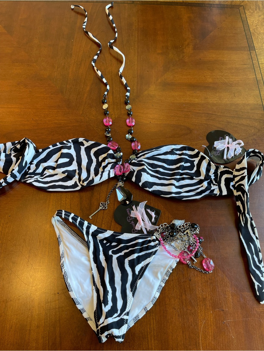 NWT beach bunny bikini set XL top, S bottoms Zebra and hot pink beads - Picture 3 of 15